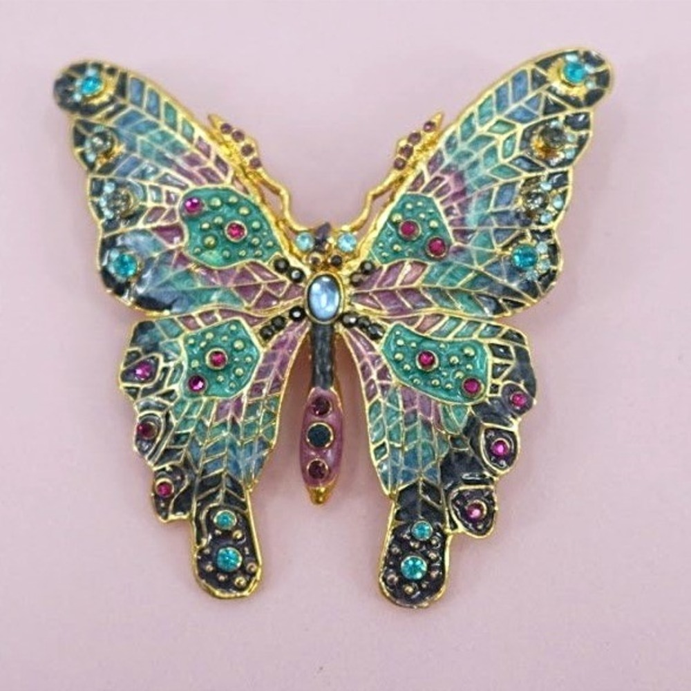 VTG Large Butterfly Brooch Statement Teal Pink Enamel Gold Tone Fairy 3"x3"‎